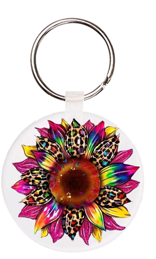 Rainbow Cheetah Sunflower Keychain