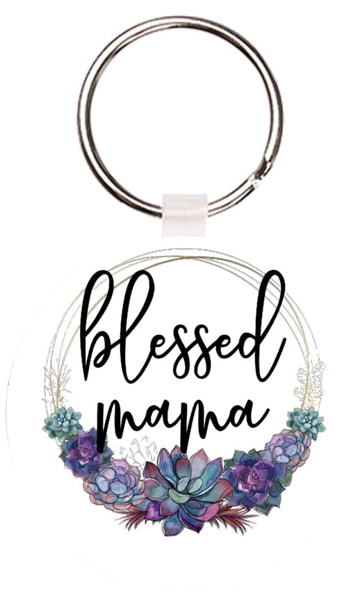 Blessed Mama Purple Succulent Keychain
